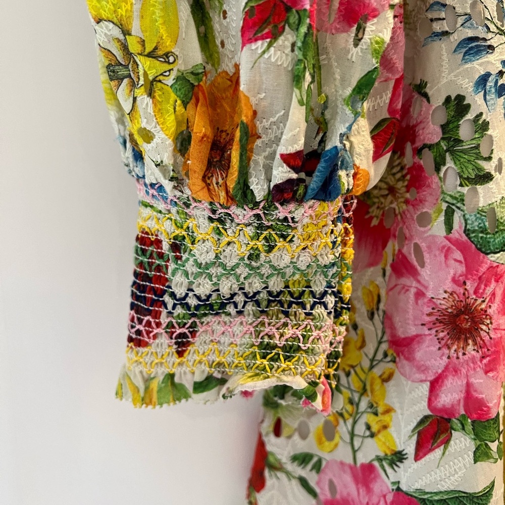 Alice + Olivia Floral Mini Dress in White with Pink, Blue, Yellow & Green - Picture 3 of 6